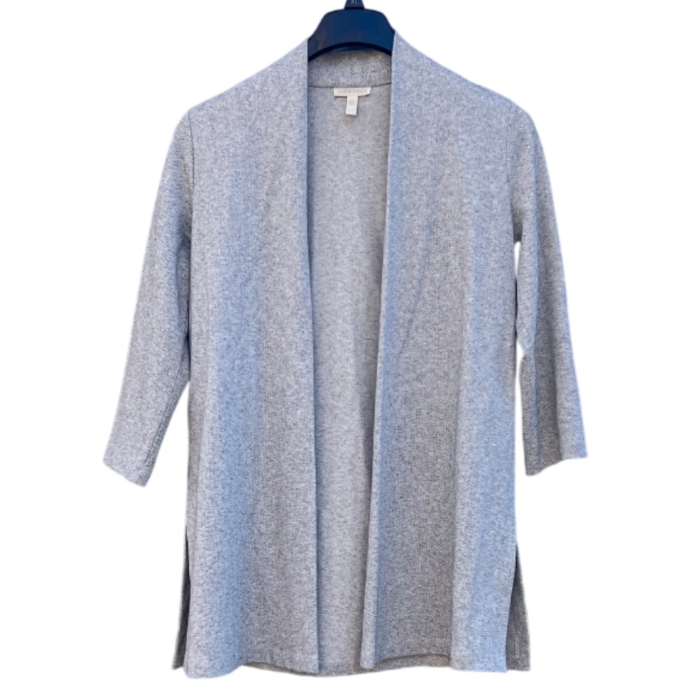 Eileen Fisher Herringbone Light Gray Open Cardigan Size XXS Cotton Blend Fall